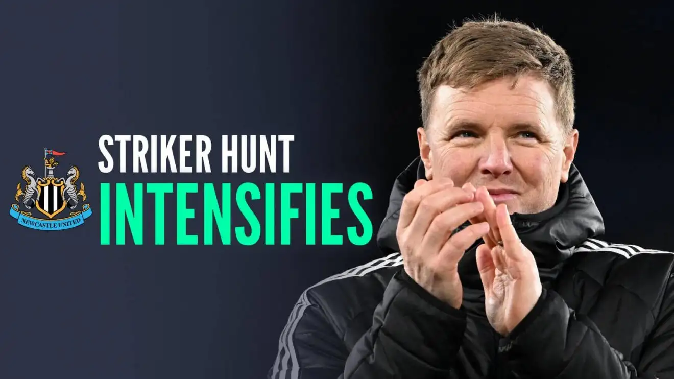 Newcastle manager Eddie Howe with caption: striker hunt intensifies