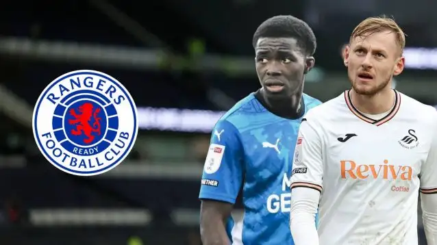 Swansea's Harry Darling, Peterbrough's Kwame Poku, alongside a Rangers badge