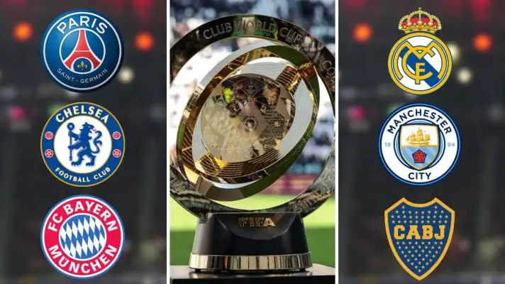PSG, Chelsea, Bayern Munich, Real Madrid, Manchester City and River Plate pictured either side of the FIFA Club World Cup trophy
