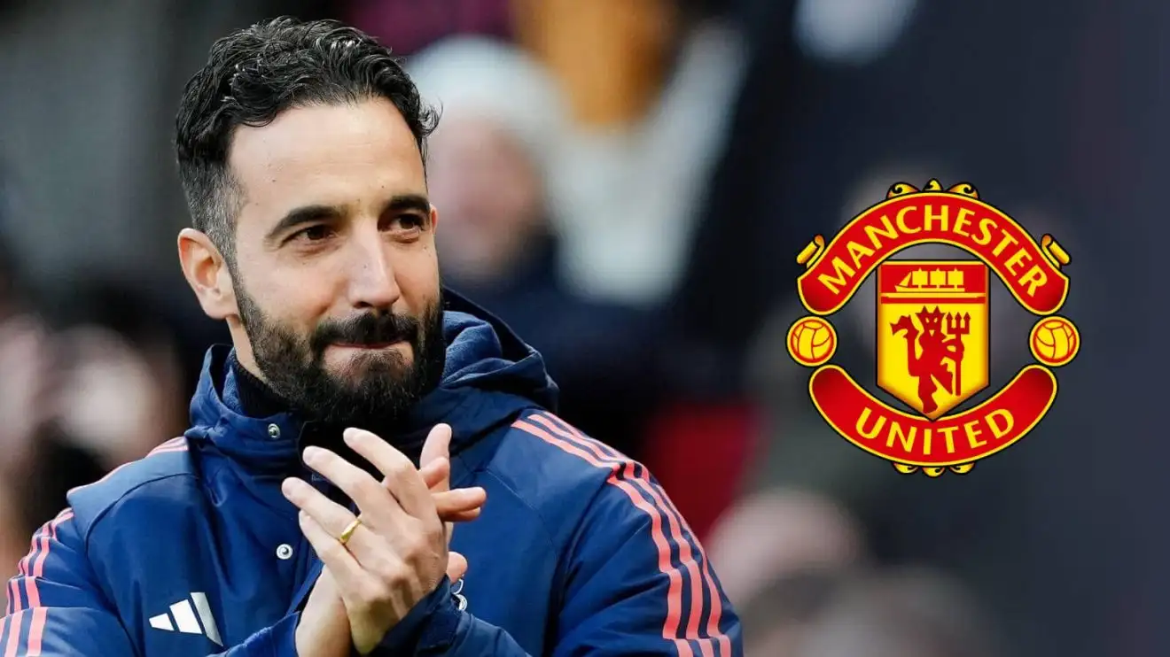 Manchester United manager Ruben Amorim, who could soon have Bryan Mbeumo in his team Ruben Amorim next to the Manchester United badge - copyright TEAMtalk
