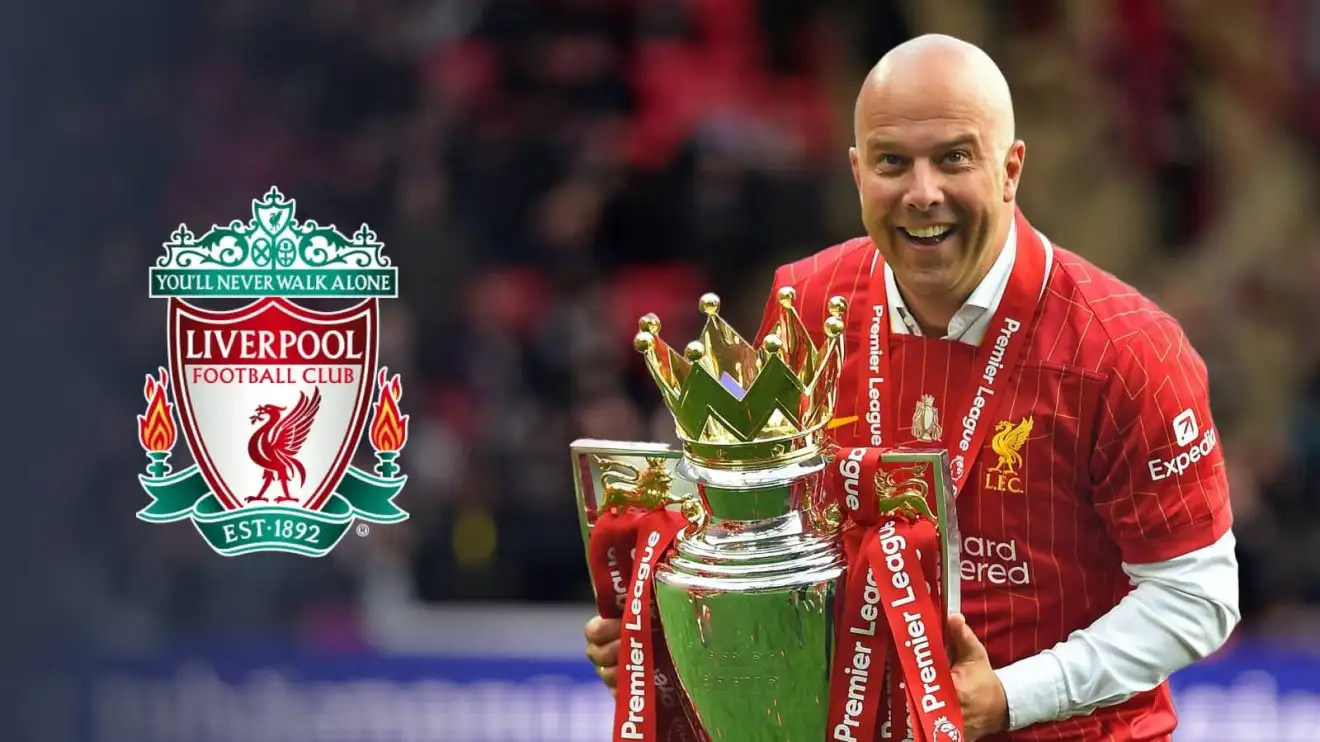 Liverpool manager Arne Slot with the Premier League trophy , next to the Liverpool club crest