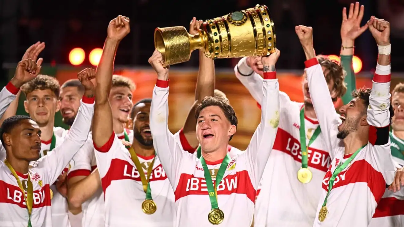 Liverpool and Real Madrid target Angelo Stiller surrounded by his VfB Stuttgart team-mates - copyright TEAMtalk