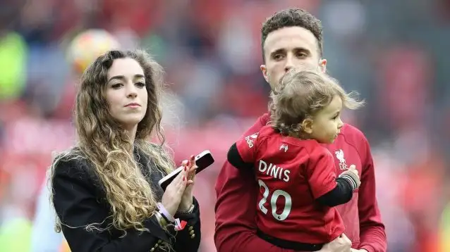 Diogo Jota and his widow, Rute Cardoso at Anfield after the final game of the 2021/22 season