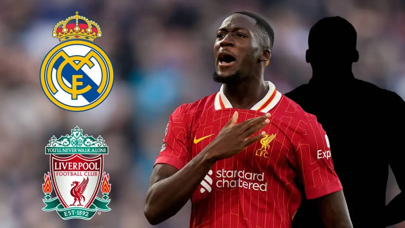 Ibrahima Konate next to the Real Madrid and Liverpool badges - copyright TEAMtalk