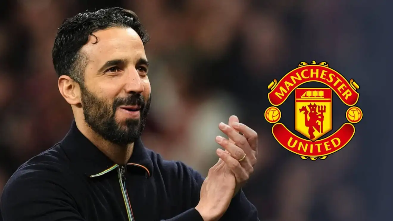 Manchester United manager Ruben Amorim Ruben Amorim next to the Manchester United badge - copyright TEAMtalk