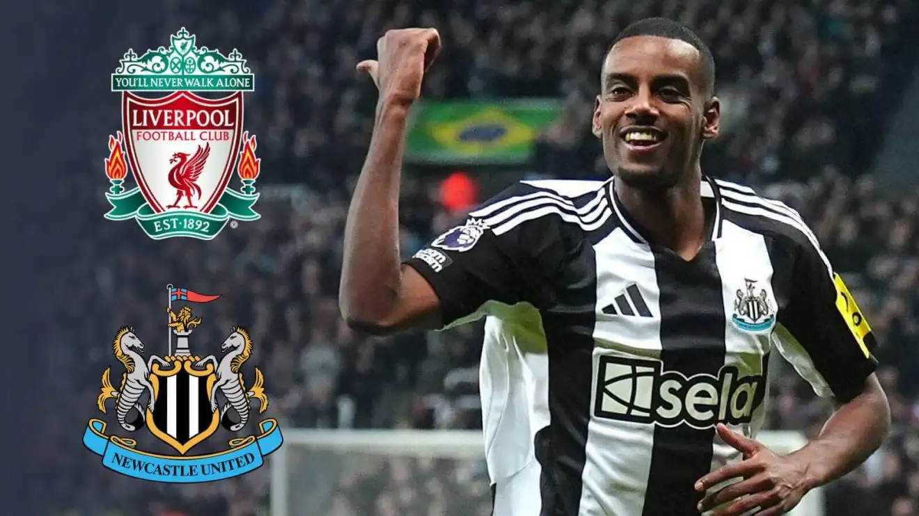 Newcastle United striker Alexander Isak, who is on Liverpool's radar Alexander Isak next to the Liverpool and Newcastle United badges - copyright TEAMtalk