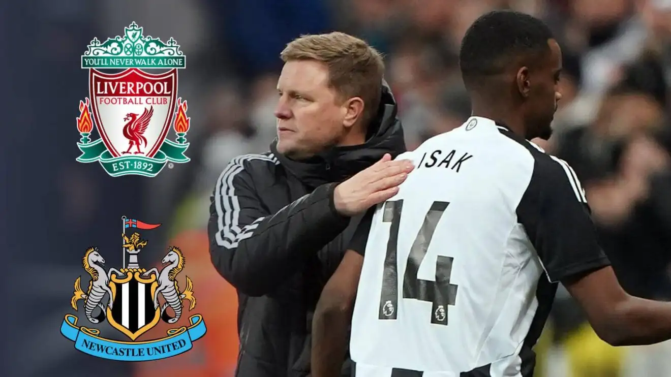 Newcastle manager Eddie Howe faces a battle to stop Alexander Isak joining Liverpool Newcastle manager Eddie and star striker Alexander Isak next to the badges of Liverpool and Newcastle United
