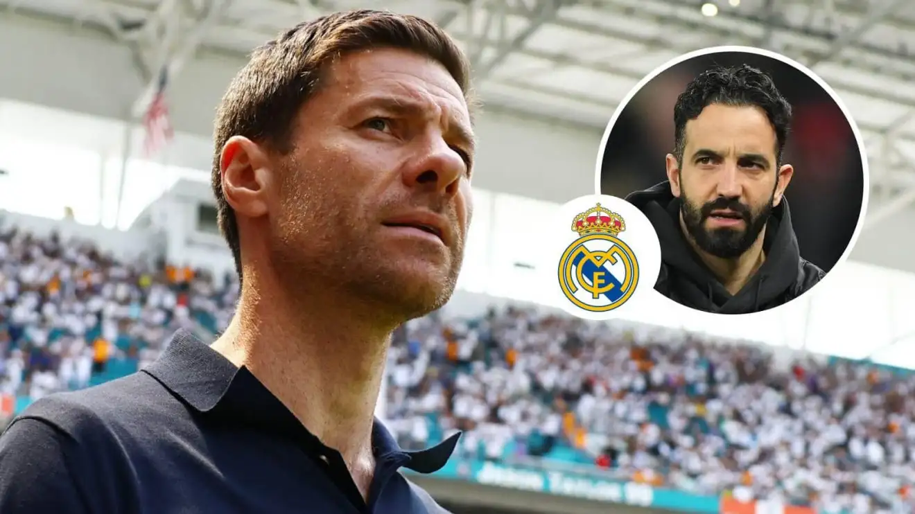 Real Madrid manager Xabi Alonso, who wants Kobbie Mainoo, and Manchester United boss Ruben Amorim Xavi Alonso, Real Madrid badge and Manchester United manager Ruben Amorim - copyright TEAMtalk