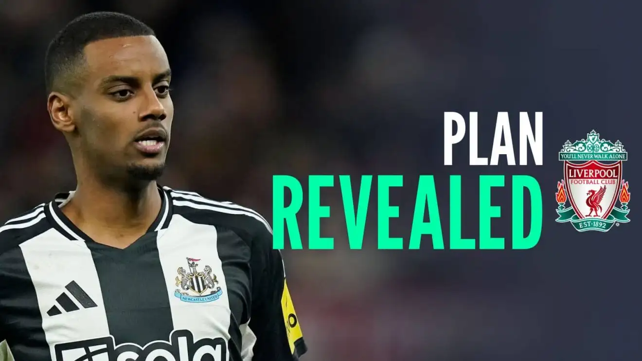 Newcastle striker Alexander Isak, with Liverpool bade and caption: Plan revealed Newcastle striker Alexander Isak, with Liverpool badge and caption: Plan revealed