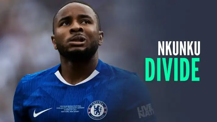 Christopher Nkunku in Chelsea kit with the words divide