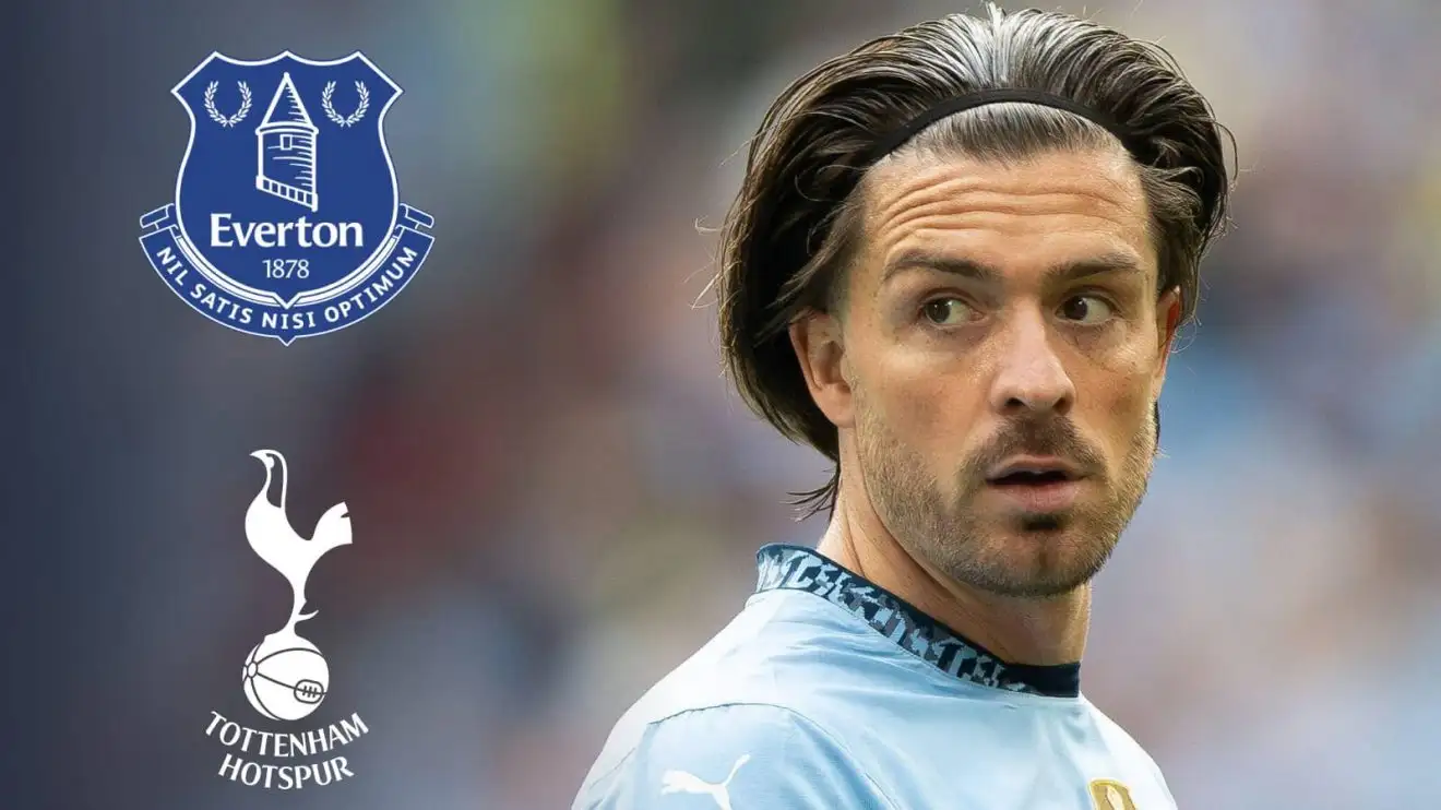 Jack Grealish is wanted by Everton, but Tottenham are also keen Man City star Jack Grealish next to the badges of Everton and Tottenham Hotspur