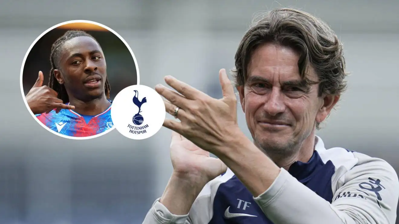 Crystal Palace star Eberechi Eze and Tottenham Hotspur manager Thomas Frank Crystal Palace star Eberechi Eze, Tottenham Hotspur badge and Thomas Frank - copyright TEAMtalk