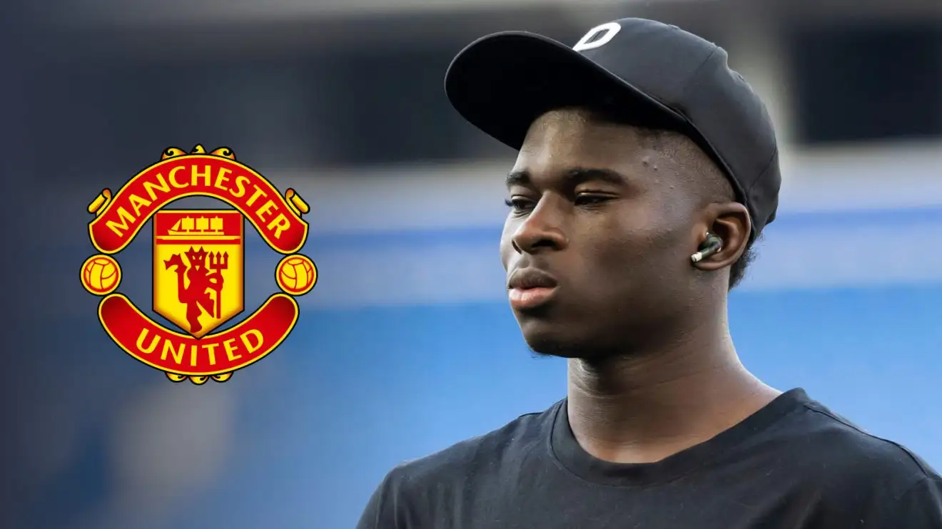Brighton midfielder Carlos Baleba, Man Utd badge Brighton midfielder Carlos Baleba, Man Utd badge