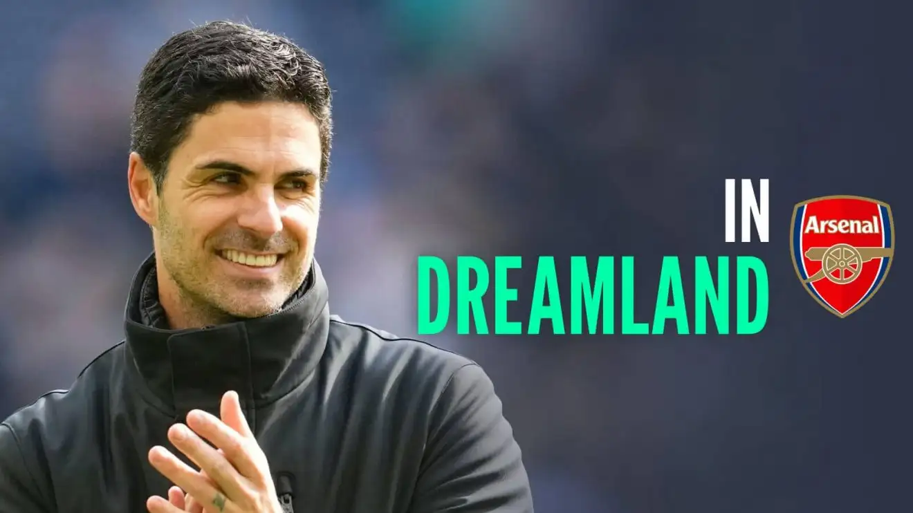 Mikel Arteta of Arsenal, who have a deal agreed for Crystal Palace star Eberechi Eze Mikel Arteta, the words in Dreamland with Dreamland in green, and the Arsenal badge - copyright TEAMtalk