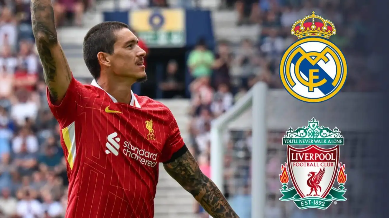 Al-Hilal striker Darwin Nunez, linked with Real Madrid, celebrating for Liverpool Al-Hilal striker Darwin Nunez next to the Real Madrid and Liverpool badges - copyright TEAMtalk