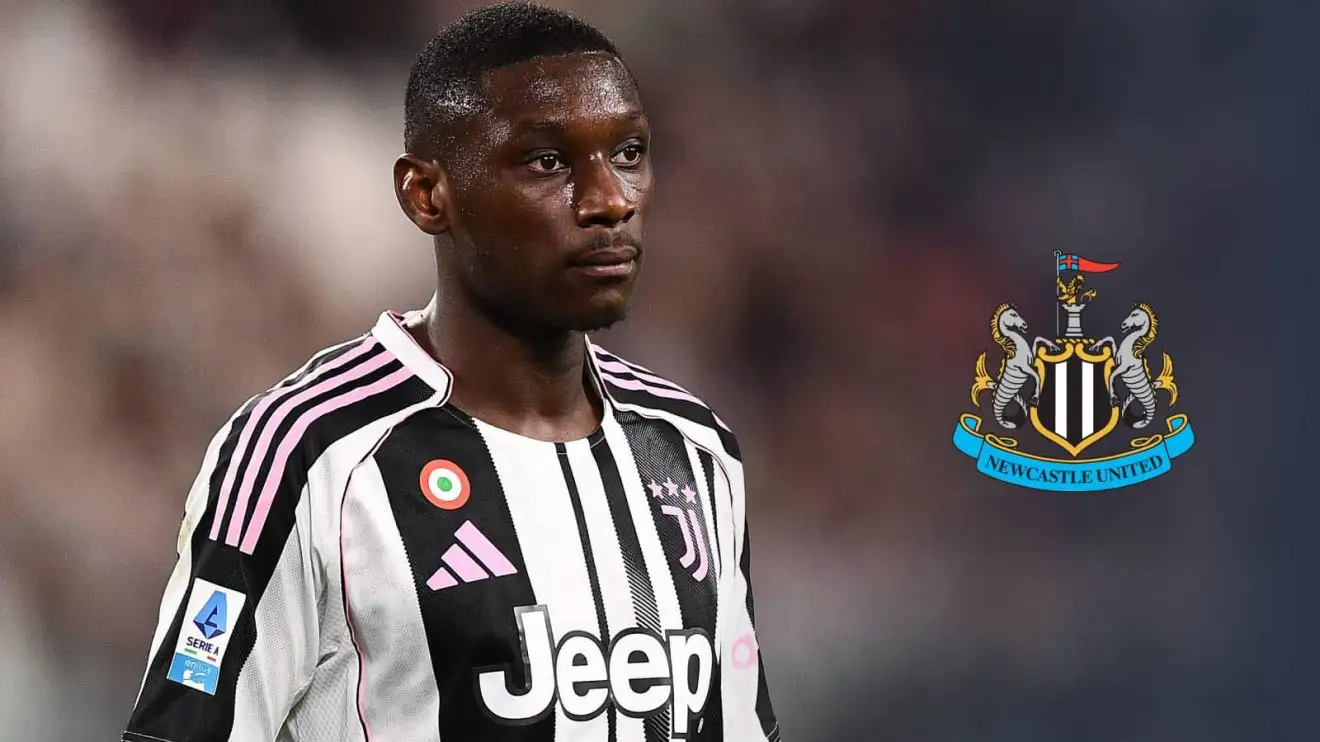 Randal Kolo Muani Newcastle Randal Kolo Muani in Juventus kit next to the Newcastle badge