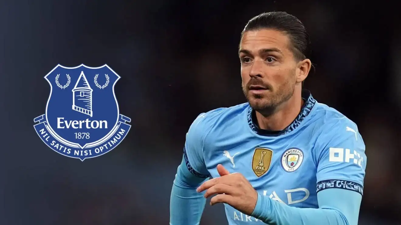 Manchester City star Jack Grealish alongside an Everton badge Manchester City star Jack Grealish alongside an Everton badge