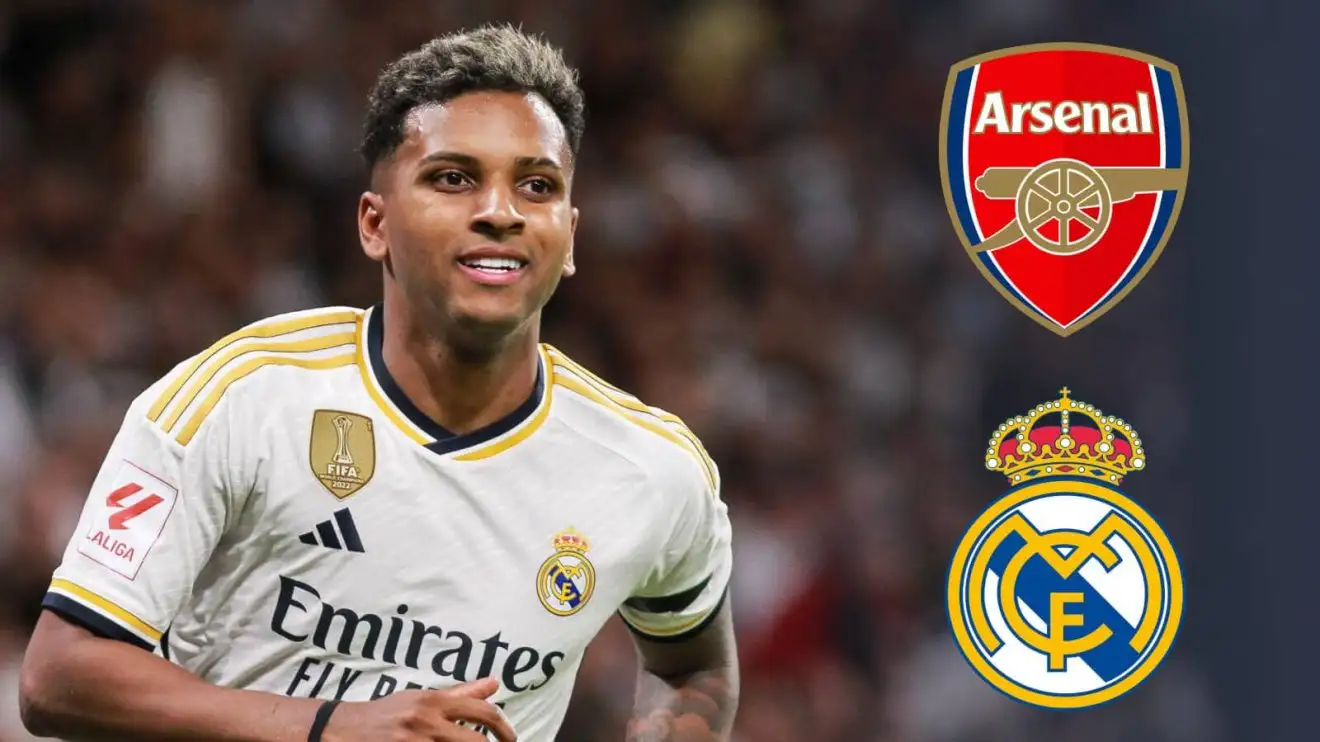 Real Madrid forward and Arsenal target Rodrygo Rodrygo next to the Arsenal and Real Madrid badges - copyright TEAMtalk