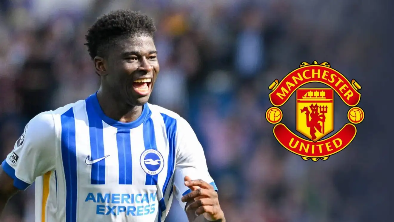 Brighton star Carlos Baleba is wanted by Manchester United Brighton star Carlos Baleba next to the Manchester United club crest