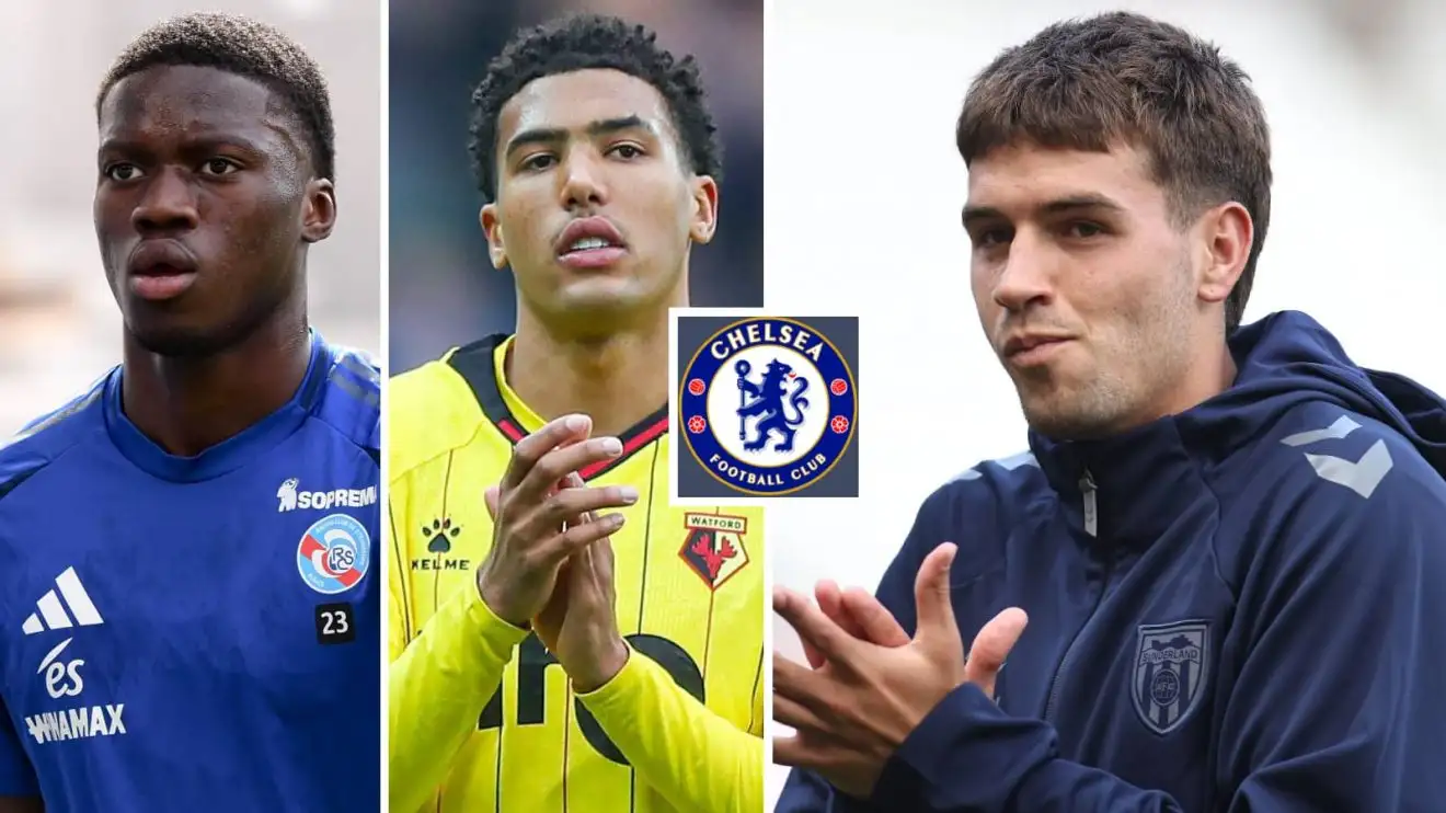 Mamadou Sarr Caleb Wiley Marc Guiu Chelsea Mamadou Sarr in Strasbourg kit, Caleb Wiley in Watford kit and Marc Guiu in a Sunderland tracksuit, in a collage with the Chelsea badge