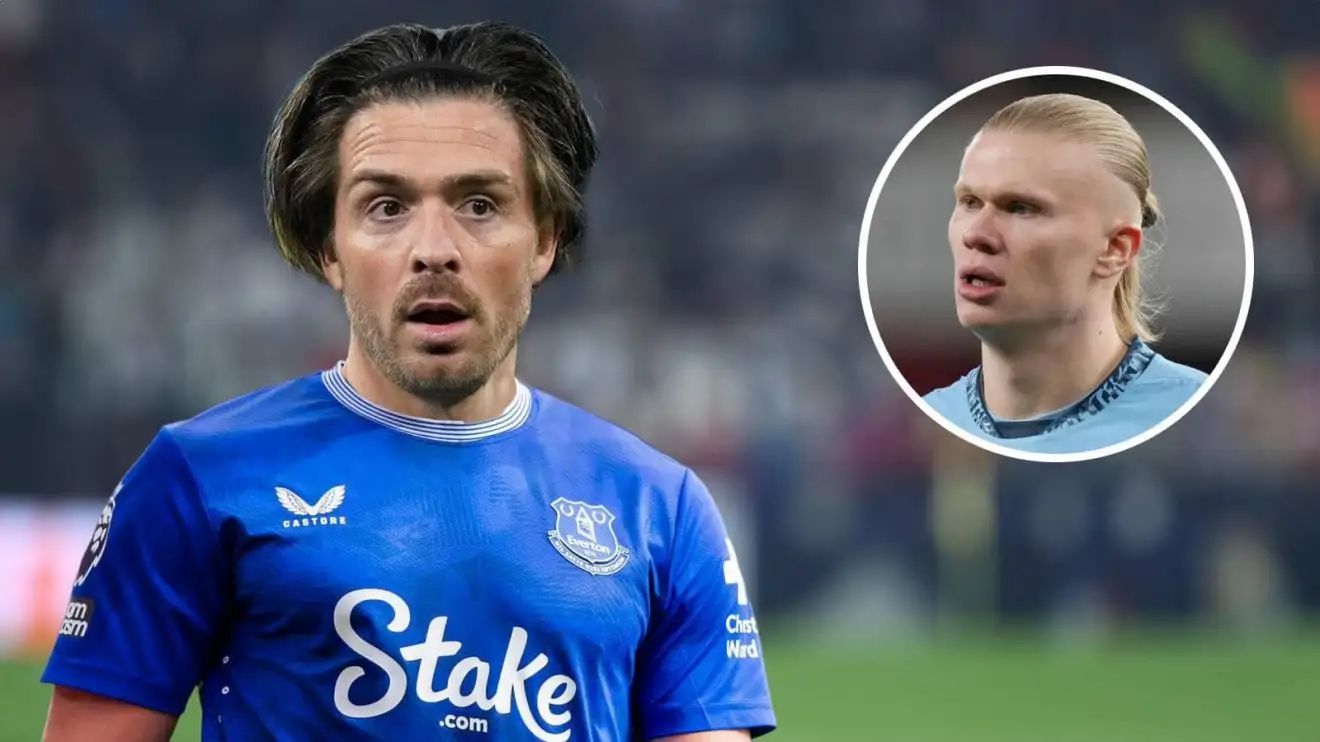 Jack Grealish with an Everton shirt Photoshopped over him and, inset, Erling Haaland Jack Grealish with an Everton shirt Photoshopped over him and, inset, Erling Haaland