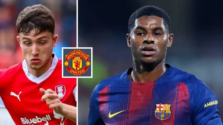 Dan Gore at Rotherham United, Marcus Rashford at Barcelona, pictured with the Man Utd badge