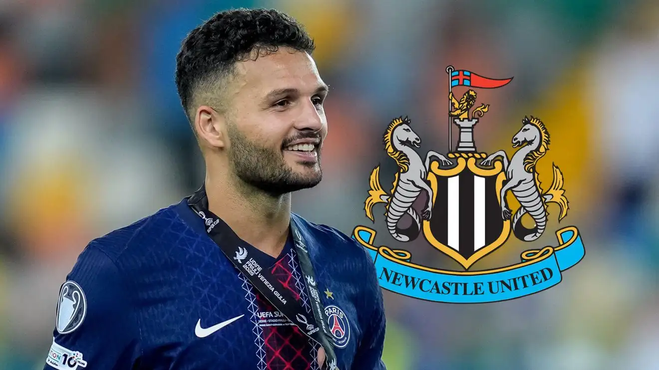 PSG striker Goncalo Ramos and Newcastle badge PSG striker Goncalo Ramos and Newcastle badge