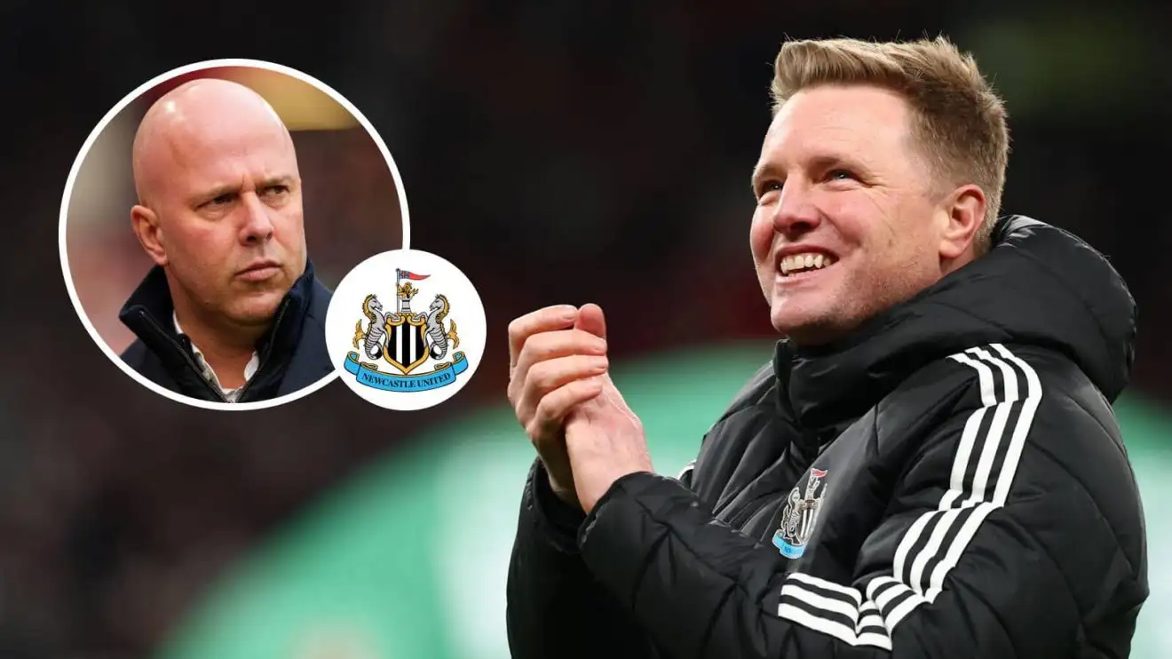 Liverpool manager Arne Slot and Newcastle United boss Eddie Howe, who wants Yoane Wissa of Brentford Liverpool manager Arne Slot, Newcastle United badge and Newcastle boss Eddie Howe - copyright TEAMtalk