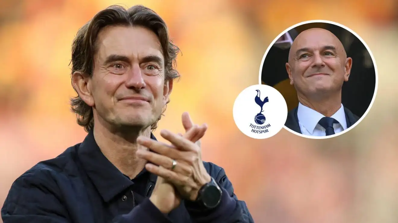 Tottenham duo Thomas Frank and Daniel Levy Thomas Frank, Tottenham Hotspur badge and Daniel Levy - copyright TEAMtalk