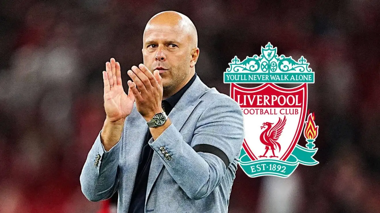 Liverpool manager Arne Slot, who wants to sign Marc Guehi from Liverpool Arne Slot next to the Liverpool badge - copyright TEAMtalk