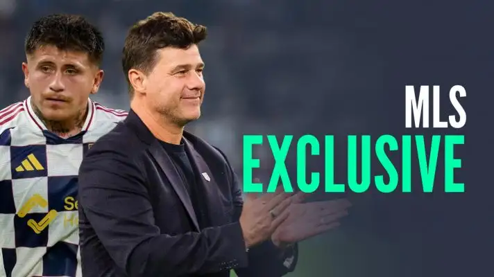 Diego Luna alongside United States manager Mauricio Pochettino, with caption: MLS exclusive