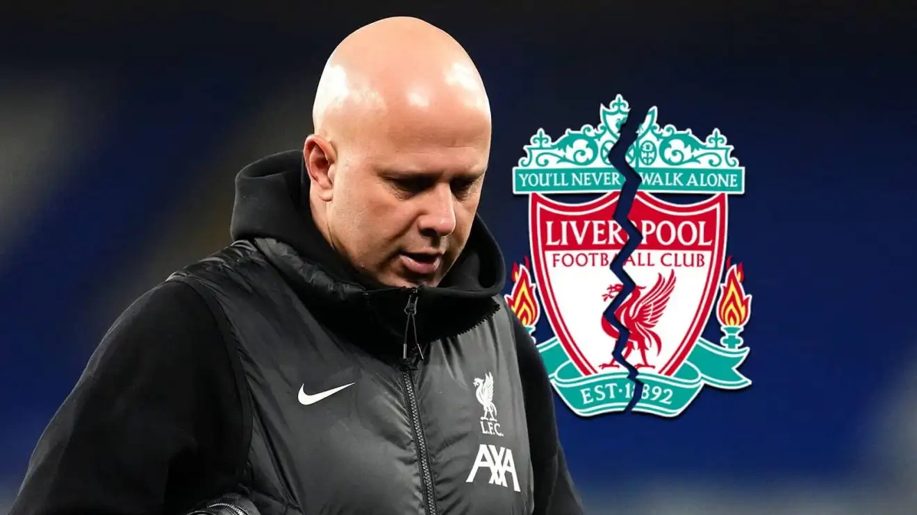 Liverpool manager Arne Slot, who wants to sign Rodrygo from Real Madrid Arne Slot next to a broken Liverpool badge - copyright TEAMtalk