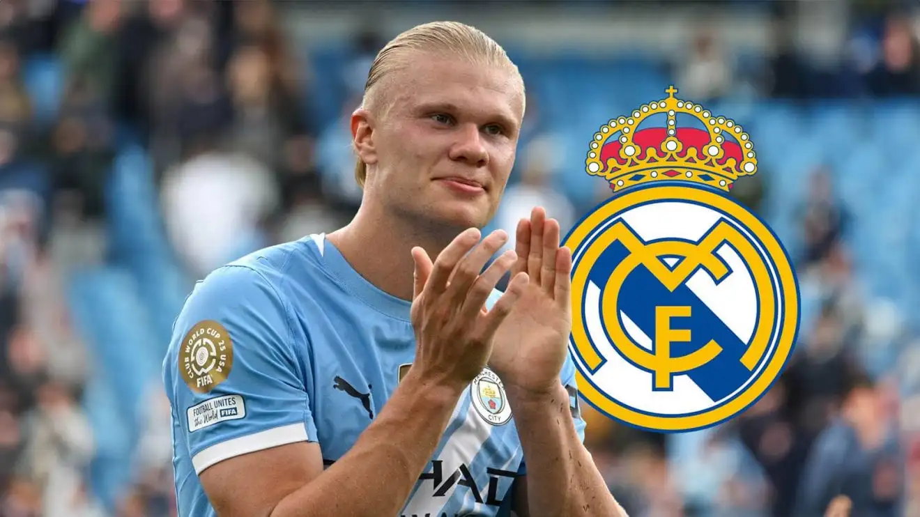 Manchester City striker and Real Madrid target Erling Haaland Manchester City striker Erling Haaland next to the Real Madrid badge - copyright TEAMtalk