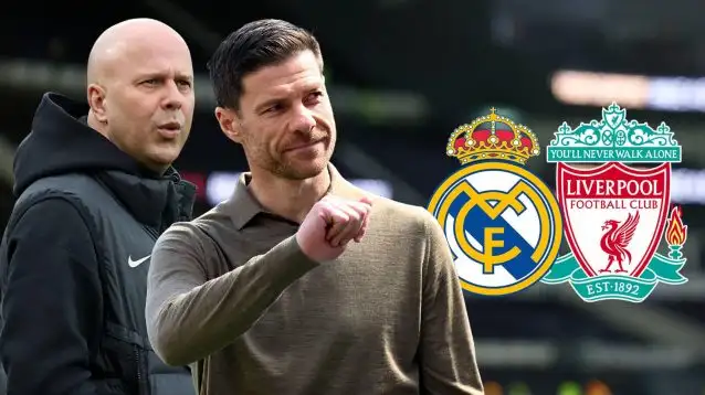 Arne Slot, Xabi Alonso, Real Madrid badge and Liverpool badge - copyright TEAMtalk