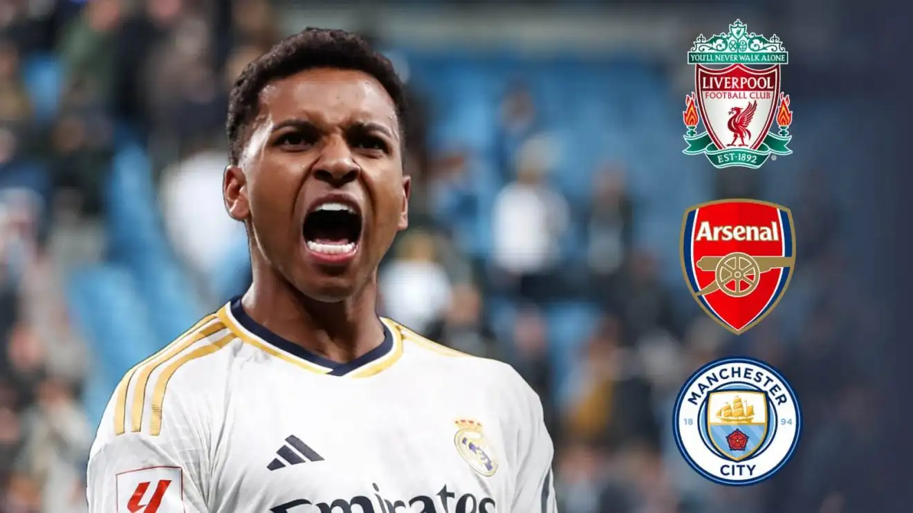 Rodrygo has been heavily linked with Liverpool, Arsenal and Manchester City Real Madrid winger Rodrygo next to the badges of Liverpool, Arsenal and Manchester City