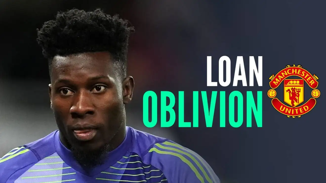 Andre Onana Man Utd loan oblivion Andre Onana, the Man Utd badge and the words loan oblivion