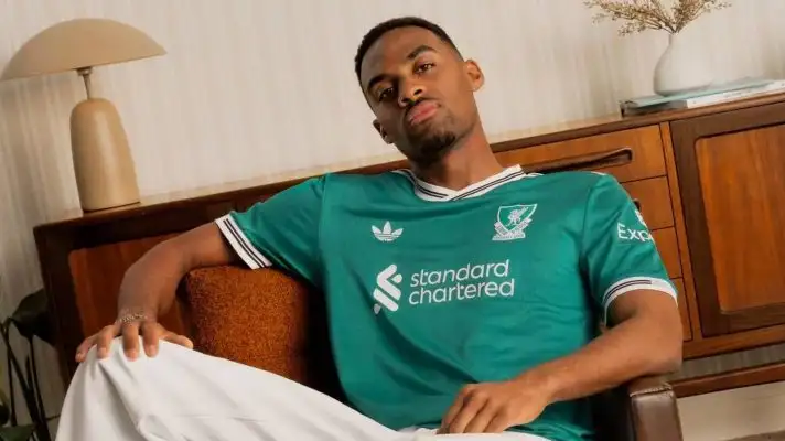 Ryan Gravenberch models the new Liverpool third kit - pic via Liverpool's official website