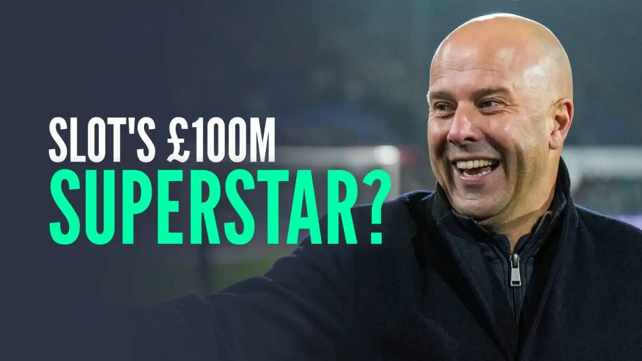 Liverpool manager Arne Slot next to the words 'Slot's £100m superstar?'