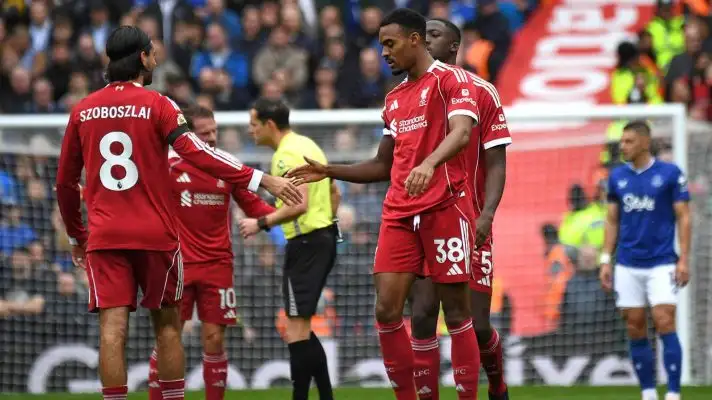 Liverpool midfielders Ryan Gravenberch and Dominik Szoboszlai in action against Everton in the Merseyside derby - copyright TEAMtalk
