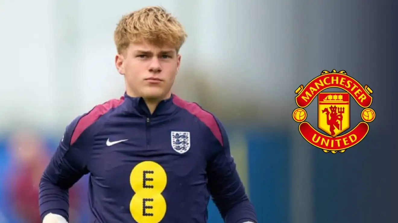 Charlie Hardy next to the Manchester United badge - copyright TEAMtalk