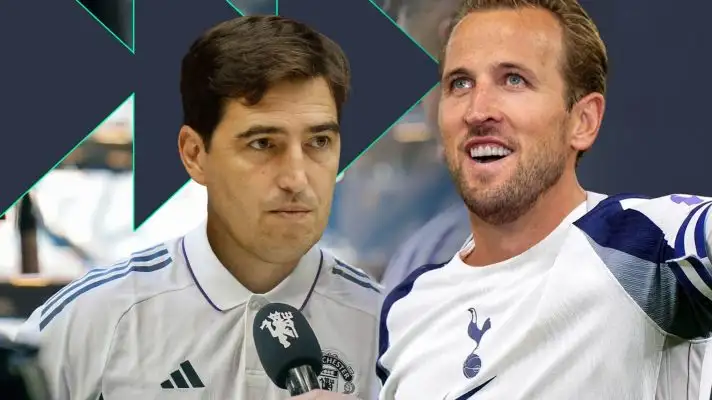 Andoni Iraola pictured in a Manchester United kit alongside Harry Kane in a Tottenham shirt