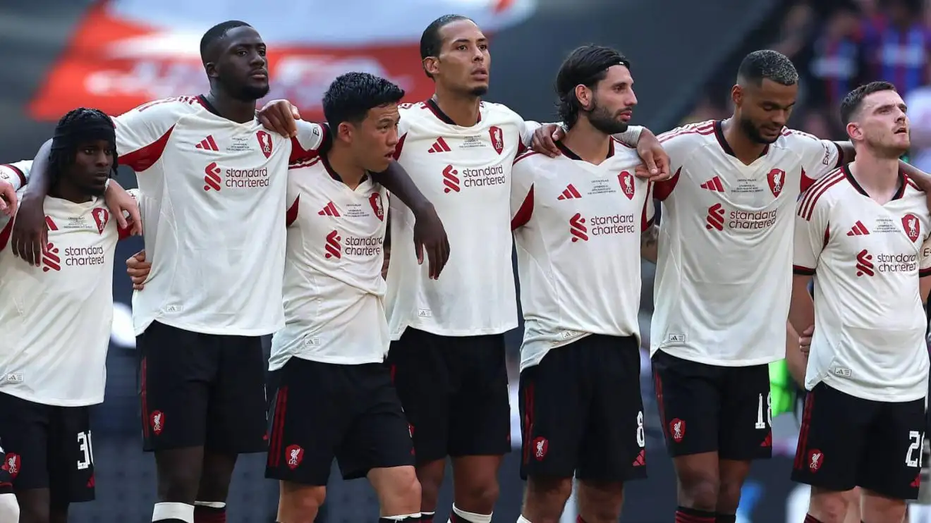 Liverpool players Jeremie Frimpong, Ibrahima Konate, Wataru Endo, Virgil van Dijk, Dominik Szoboszlai, Cody Gakpo and Andy Robertson Liverpool players Jeremie Frimpong, Ibrahima Konate, Wataru Endo, Virgil van Dijk, Dominik Szoboszlai, Cody Gakpo and Andy Robertson