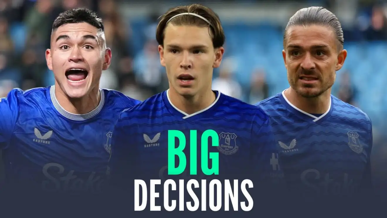 Everton trio Charly Alcaraz, Tyler Dibling and Jack Grealish, with caption: Big decisions Everton trio Charly Alcaraz, Tyler Dibling and Jack Grealish, with caption: Big decisions