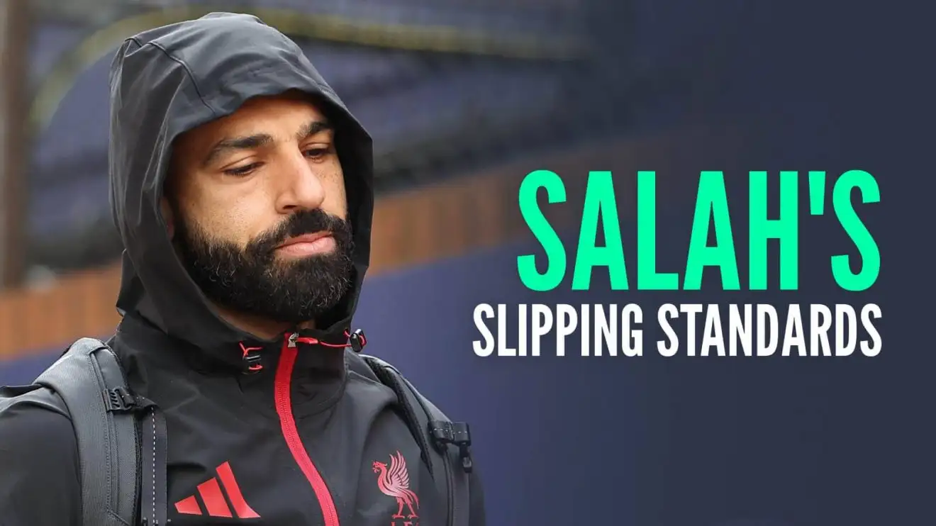 Mo Salah has lost his sparkle for Liverpool in recent weeks Liverpool star Mo Salah looking downbeat and next to the words 'Salah's slipping standards'