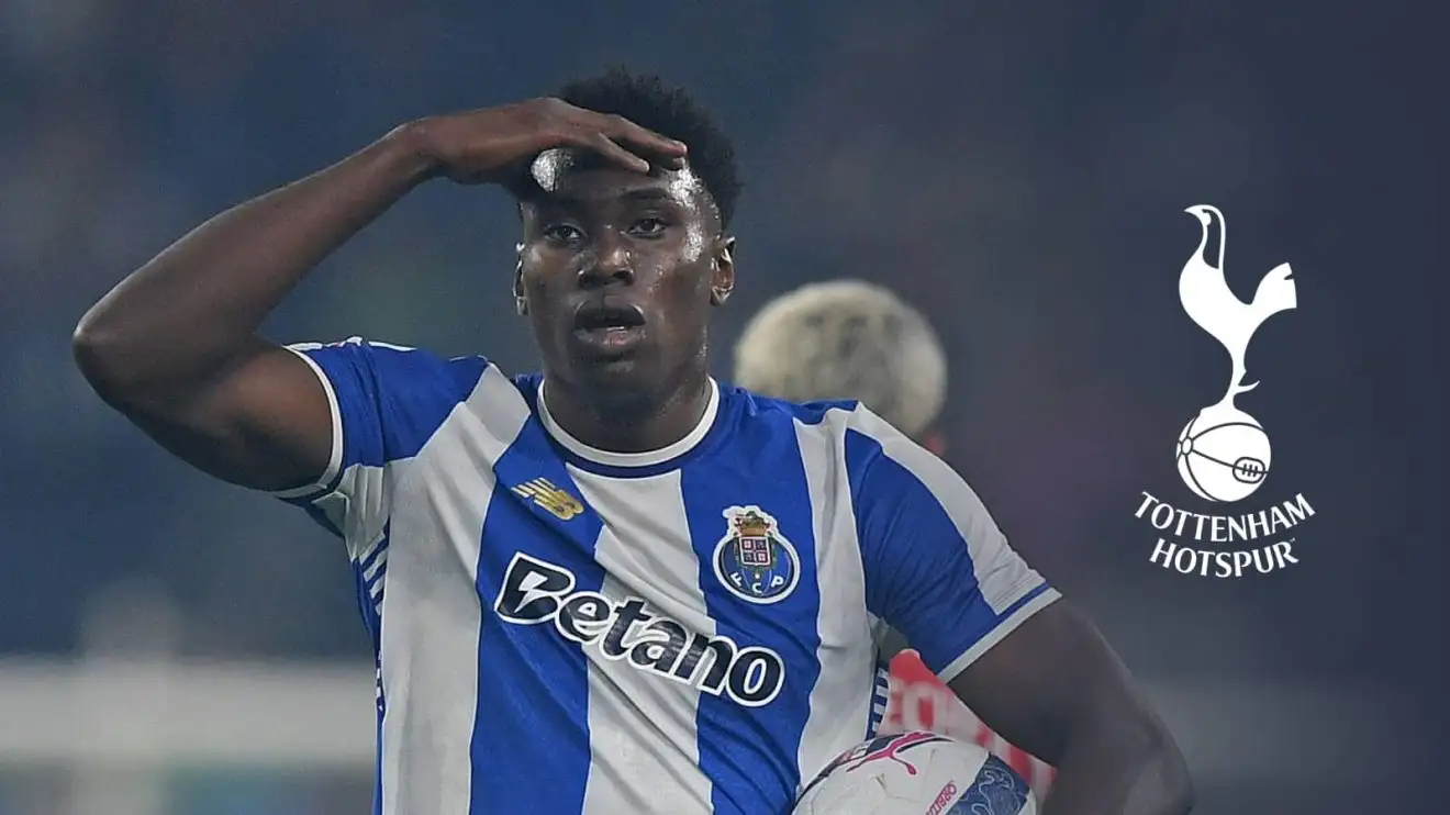 Porto striker Samu Aghehowa alongside a Tottenham badge Porto striker Samu Aghehowa alongside a Tottenham badge