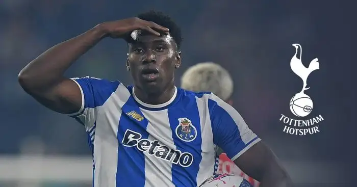 Porto striker Samu Aghehowa alongside a Tottenham badge Porto striker Samu Aghehowa alongside a Tottenham badge