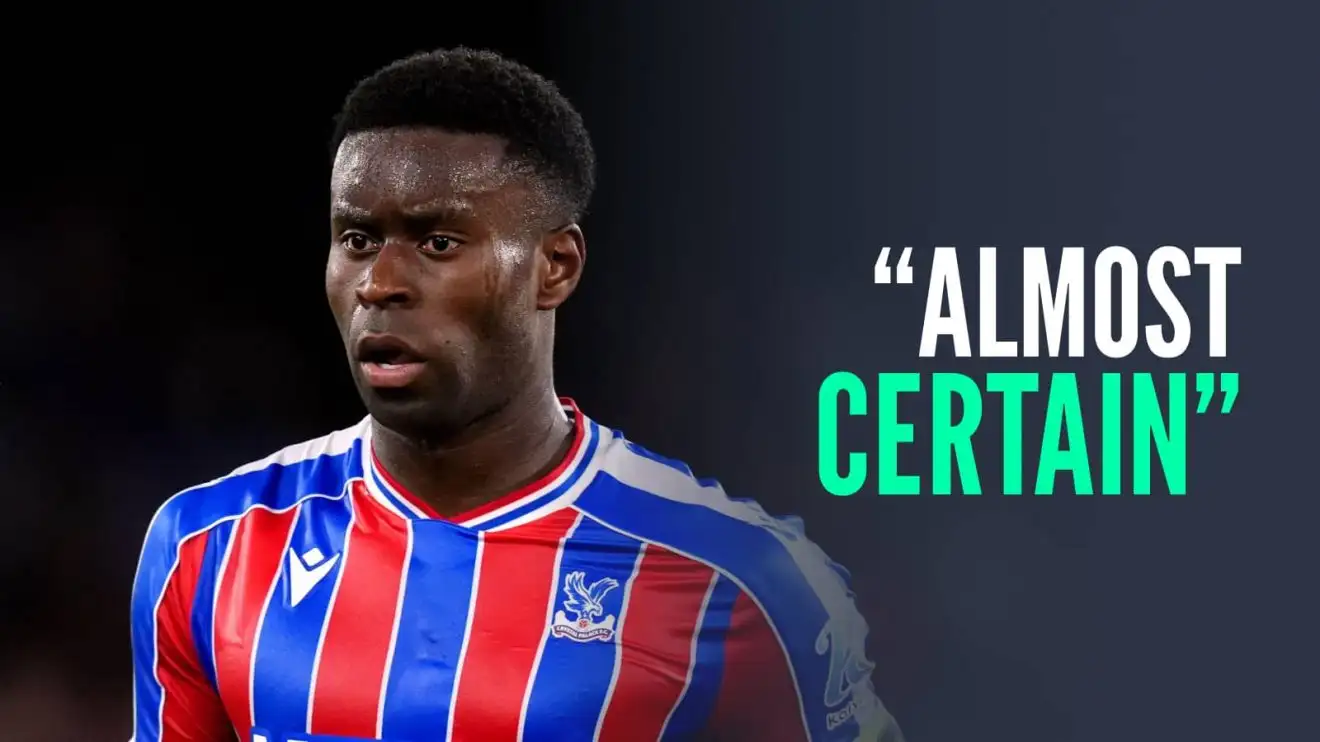 Marc Guehi, pictured in Crystal Palace kit, with text reading "almost certain"