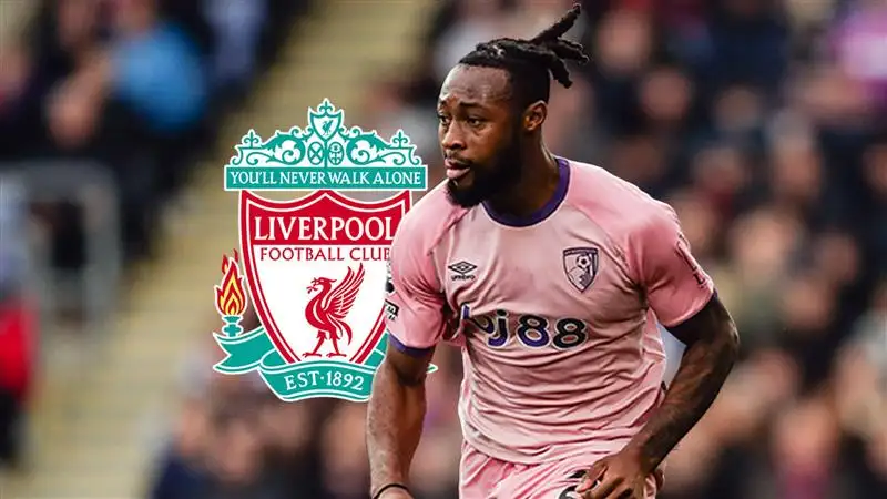Bournemouth winger Antoine Semenyo, Liverpool badge Bournemouth winger Antoine Semenyo, Liverpool badge
