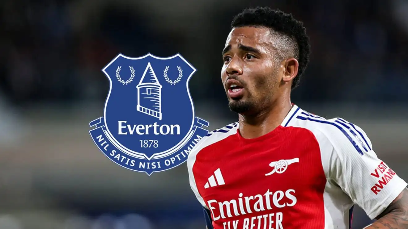 Arsenal star Gabriel Jesus alongside an Everton badge