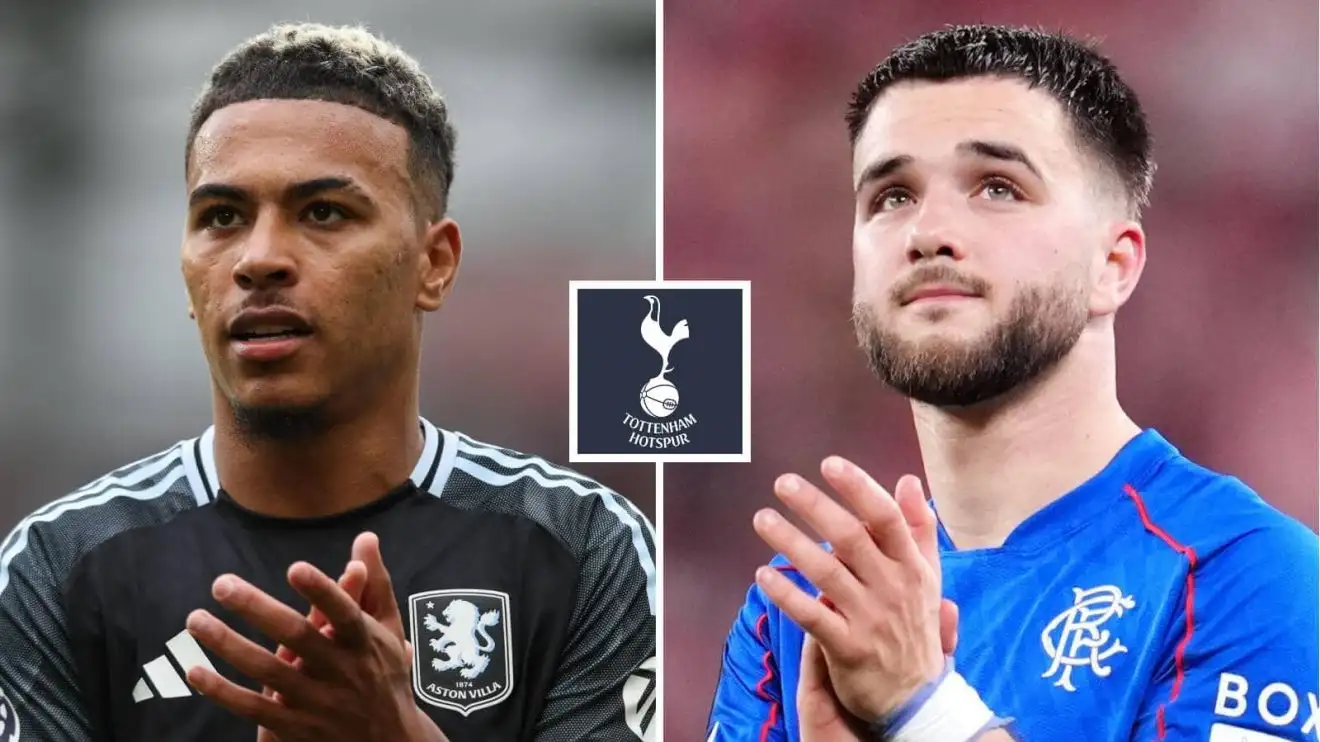 Aston Villa's Morgan Rogers and Rangers' Nico Raskin, with a Tottenham badge Aston Villa's Morgan Rogers and Rangers' Nico Raskin, with a Tottenham badge